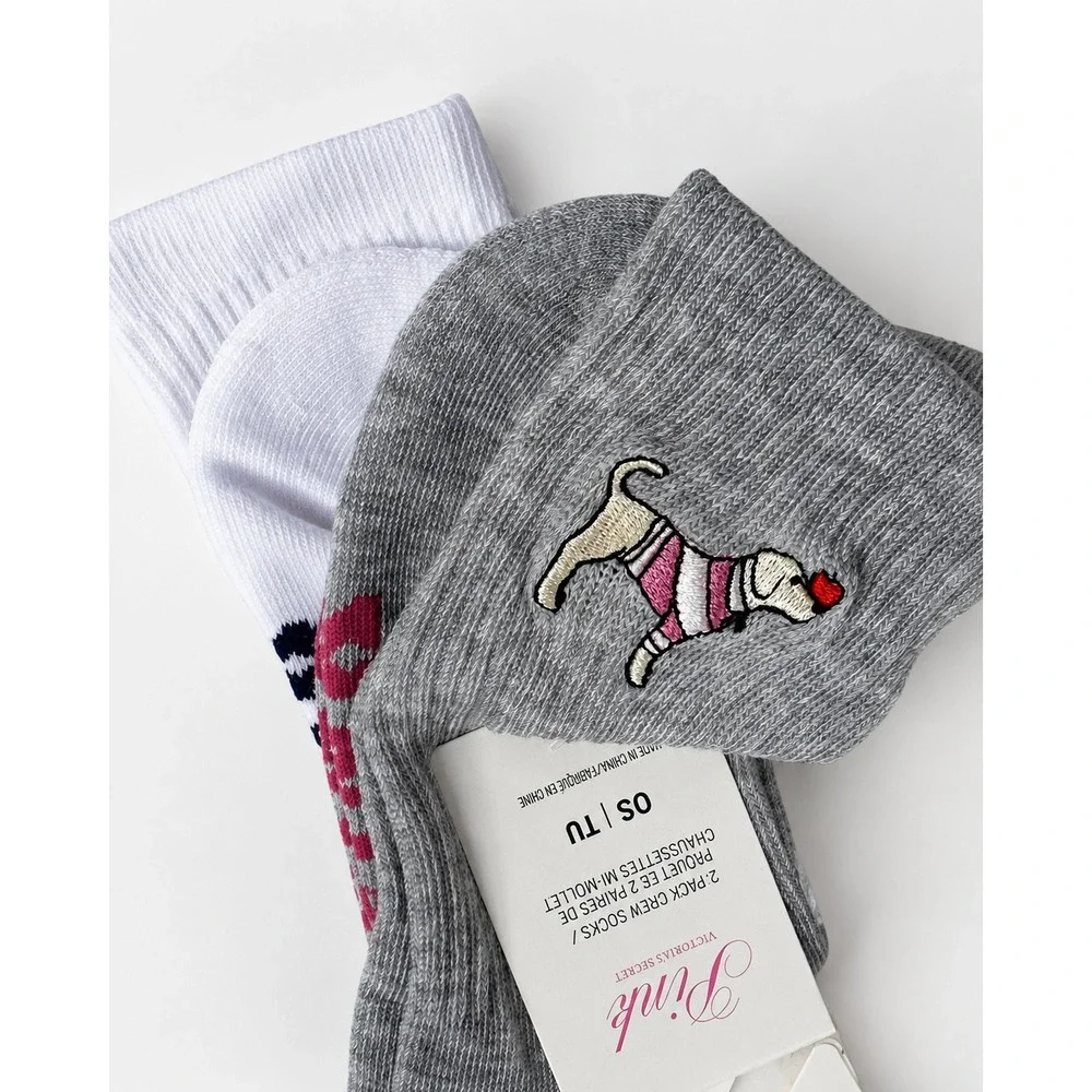 Victoria's Secret PINK Dog Embroidered Crew Socks 2 Pack OS NWT